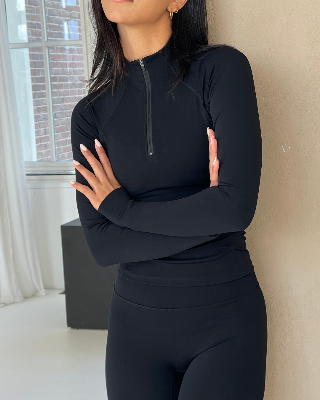 Quarter Zip Long Sleeve Top - Schwarz